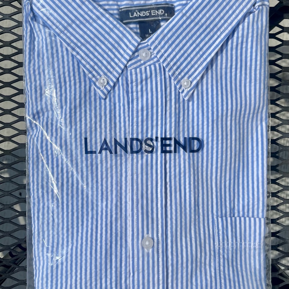 BRAND NEW Lands End seersucker striped button-down shirt large 16-16.5 L